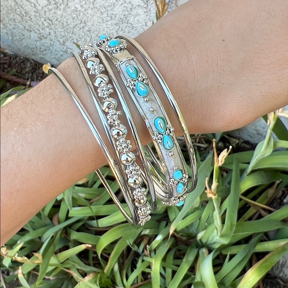 Silver and Turquoise Bangle Set Jewelry 6 pieces Statement Boho Festival Gypsy